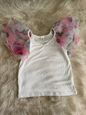 Girls Tank Top with Pink Floral Ruffle Sleeves